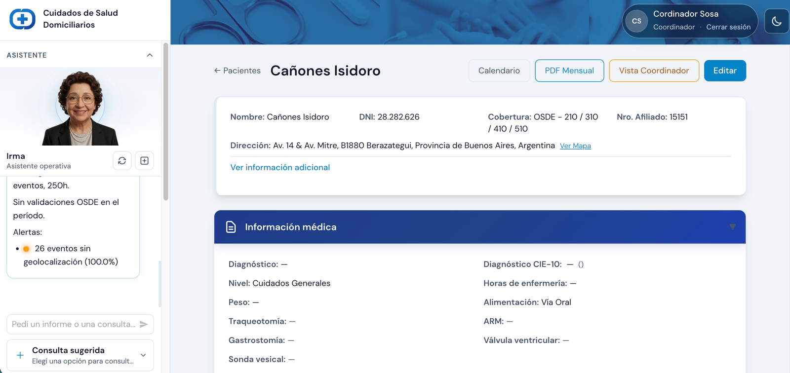 Ficha completa del paciente con datos, evoluciones y alertas